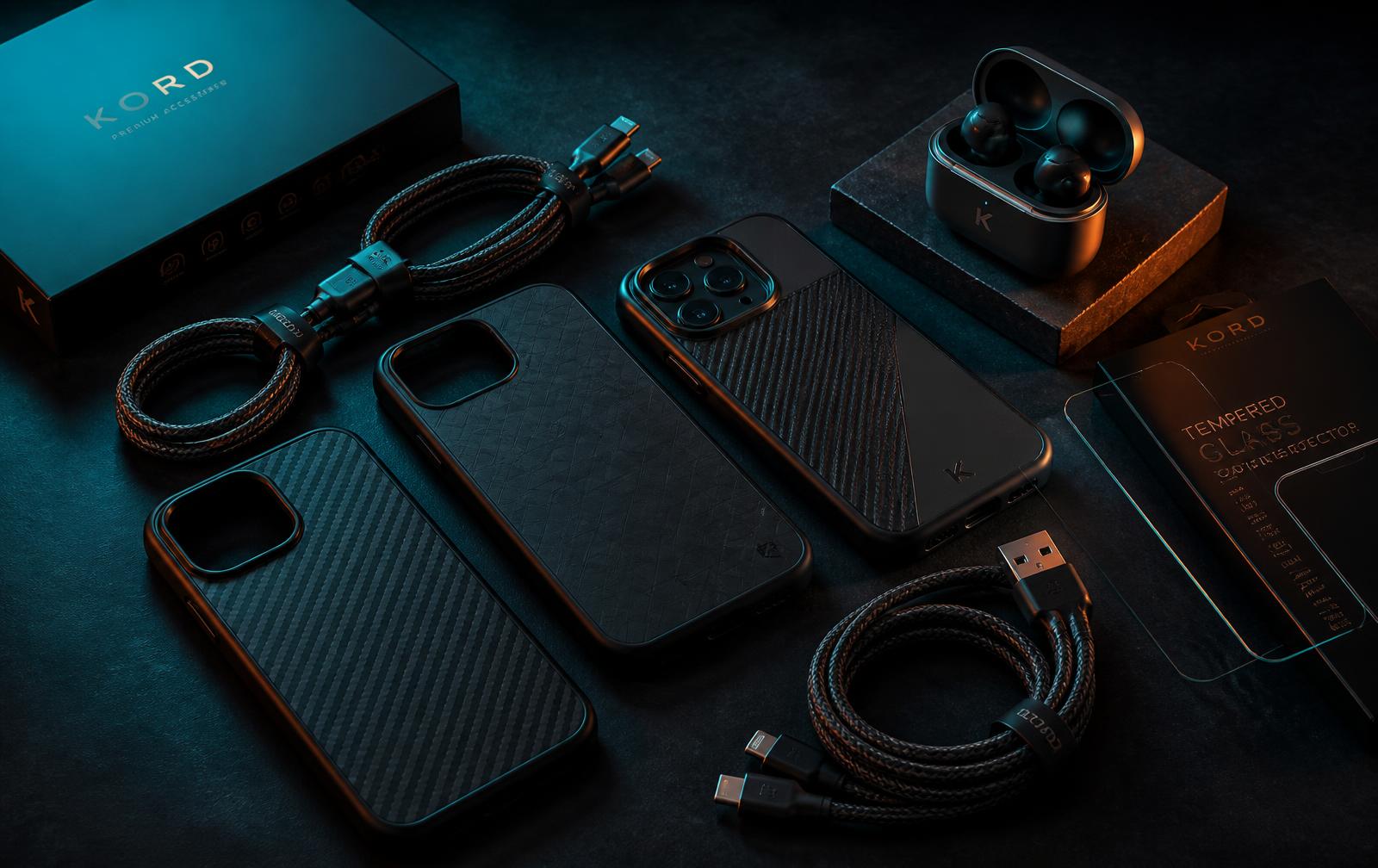 Wholesale phone cases, charging cables, earbuds and screen protectors arranged on a dark surface
